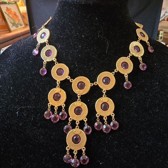 Vintage Goldette Gilt & Amethyst Crystal Waterfall Statement Necklace - Picture 2 of 5